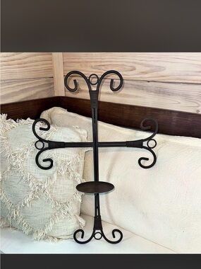 Black Scroll Iron Wall Cross with Candle Platform